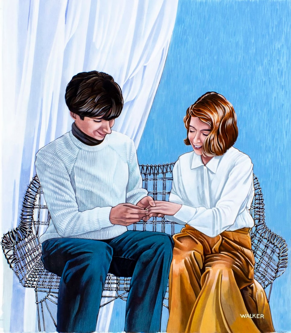 Ken Walker (US,20C) gouache painting: ARTIST: Ken Walker (American, 20 century) TITLE: Getting Engaged (titled on verso) YEAR: 1991 MEDIUM: gouache on board CONDITION: Some small damages to c