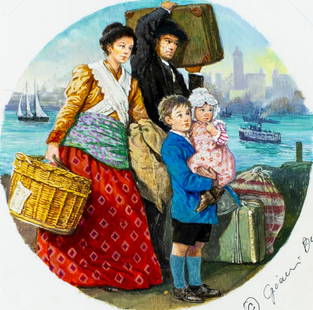 Gianni Benvenuti (Italy,1926-2005) gouache painting: ARTIST: Gianni Benvenuti (Italian, 1926 - 2005) TITLE: 100th Anniversary of Ellis Island, Musix Box - Top of Box (titled on verso) YEAR: 1991 MEDIUM: gouache on board <