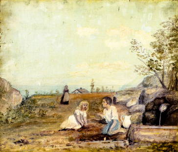 Antique early 20C American oil painting: ARTIST: - (American, early 20 century) TITLE: Children Playing MEDIUM: oil on canvas CONDITION: Unstretched (In-House stretching available). Two small tears to edges. Few
