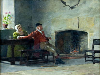 William Birney (NY,OH,1858-1909) oil painting antique: ARTIST: William Verplanck Birney (New York, Ohio, 1858 - 1909) TITLE: After the Hunt MEDIUM: oil on canvas CONDITION: Relined. Missing a few flakes of paint. Minor craquel