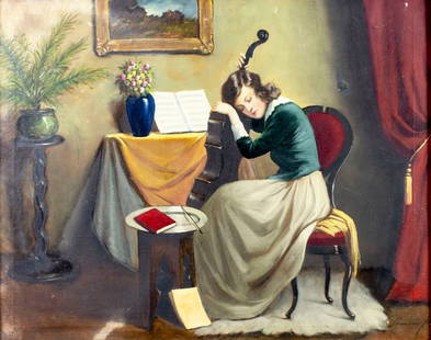 ATTRIB Janos Pammer (Hungary,1885-?) oil painting: ARTIST: ATTRIBUTED TO Janos Pammer (Hungarian, 1885 - ?) TITLE: Cello Player MEDIUM: oil on canvas CONDITION: One small patch. Some scratches/paint losses. Some craquelure.