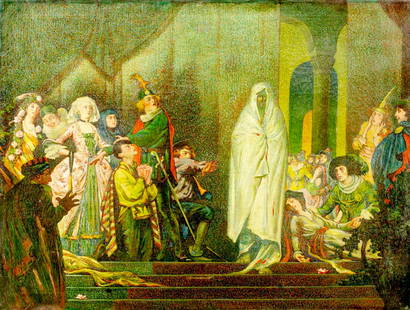 Antique early 20C American oil painting: ARTIST: - (American, early 20 century) TITLE: Interior Scene MEDIUM: oil on canvas CONDITION: Some patches. Minor paint losses. Some craquelure. Some scattered inpaintings