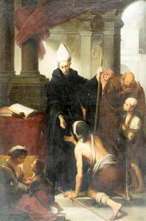 Antique 19C German oil painting AFTER Bartolome Murillo: ARTIST: - (Germany, 19 century) AFTER Bartolome Esteban Murillo (Spanish, 1617 - 1682) TITLE: St Thomas of Villanova Giving Alms MEDIUM: oil on canvas CONDITION: Some pa