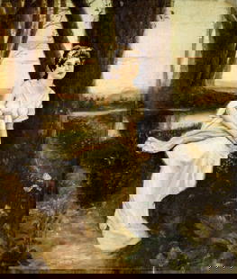 H Auld (US,early 20C) oil painting antique: ARTIST: H Auld (American, early 20 century) TITLE: Lady in Woods MEDIUM: oil on canvas CONDITION: Unstretched (In-House stretching available). Some small scratches/paint los