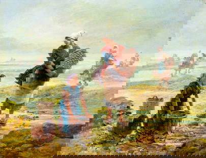Pierre Testu (France,19/20C) oil painting antique: ARTIST: Pierre Testu (French, 19/20 centuries) TITLE: Clam Diggers MEDIUM: oil on canvas CONDITION: Relined. Some craquelure. Some scattered inpaintings. Normal wear along e