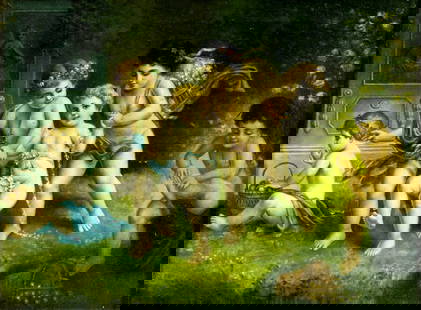 Antique 19C American oil painting: ARTIST: - (American, 19 century) TITLE: Cherubs MEDIUM: oil on canvas CONDITION: Minor paint losses mostly in the lower left quadrant. Minor craquelure. Some scattered min