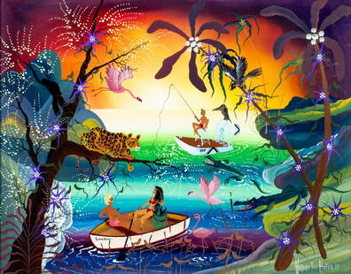 Herbert Hofer (Austria,FL,1946-?) oil painting: ARTIST: Herbert Felic Hofer (Austrian, Florida, 1946 - ???) TITLE: Life in South Florida, Miami, FL (titled on verso) YEAR: 1989 MEDIUM: oil on canvas CONDITION