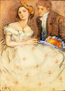 Ivie MacCarthy (NY,MO,1881-1962) watercolor painting: ARTIST: Joie Ivie A MacCarthy (New York, Missouri, 1881 - 1962) TITLE: Courting Couple MEDIUM: watercolor on board CONDITION: Some small damages to left edge and corners. Some age toning. ART SIZE: