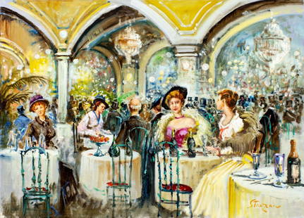 Stanziano (Europe,20C) oil painting: ARTIST: Stanziano (European, 20 century) TITLE: Restaurant Scene MEDIUM: oil on canvas CONDITION: Overall good. No visible inpaint under UV light. ART SIZE: 20 x 28 inches / 50 x 71 cm FRAME SIZE: