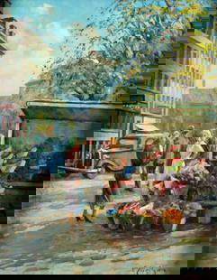 Vintage mid 20C American oil painting signed: ARTIST: - (American, mid 20 century) TITLE: Flower Seller MEDIUM: oil on board CONDITION: One paint loss on the tree. Minor craquelure. No visible inpaint under UV light.