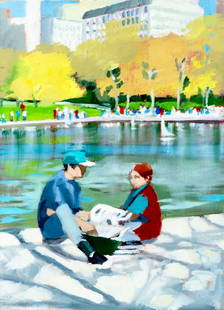 Louise Peabody (NY,ME,b 1944) oil painting: ARTIST: Louise Peabody (New York, Maine, born 1944) TITLE: Central Park Scene, NY MEDIUM: oil on canvas CONDITION: Very good. No visible inpaint under UV light. ART SIZE: 15 x 11 inches / 38 x 27 cm