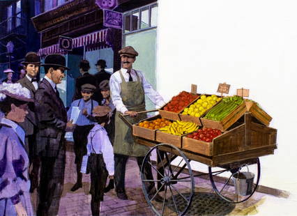 Dick Simms (US,1932-?) oil painting: ARTIST: Dick Simms (American, 1932 - ???) TITLE: Push Cart YEAR: 1985 MEDIUM: oil on board CONDITION: Minor damages to the lower corners. No visible inpaint under UV light. ART SIZE: 12 x 18 inches