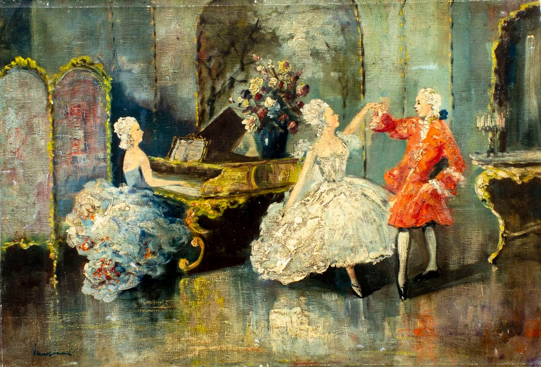 P Veneziani (Italy,20C) oil painting: ARTIST: P Veneziani (Italian, 20 century) TITLE: Ball Scene MEDIUM: oil on canvas CONDITION: Unstretched (In-House stretching available). Some paint losses. Some craquelure.