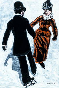 Evelyn Metzger (NY,Brazil,1911-2007) oil painting: ARTIST: Evelyn Borchard Metzger (New York, Brazilian, 1911 - 2007) TITLE: Ice Skating Couple YEAR: 1996 MEDIUM: oil on board CONDITION: Some faint scratches. No visible inpaint under UV light.