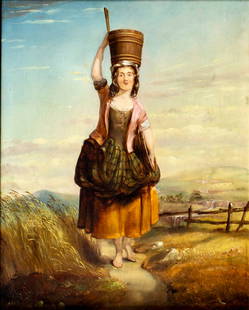 Antique 19C British oil painting: ARTIST: - (United Kingdom, 19 century) TITLE: Peasant Woman with Bucket MEDIUM: oil on canvas. Canvas applied to board. CONDITION: Few small paint losses. Some craquelure.