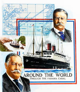 Paul Calle (CT,NY,1928-2010) mixed media painting: ARTIST: Paul Calle (Connecticut, New York, 1928 - 2010) & Chris Calle (American, born 1961) TITLE: 1910s - Around the World Through the Panama Canal (titled on verso) YEAR: 1997 MEDIUM: mixed media