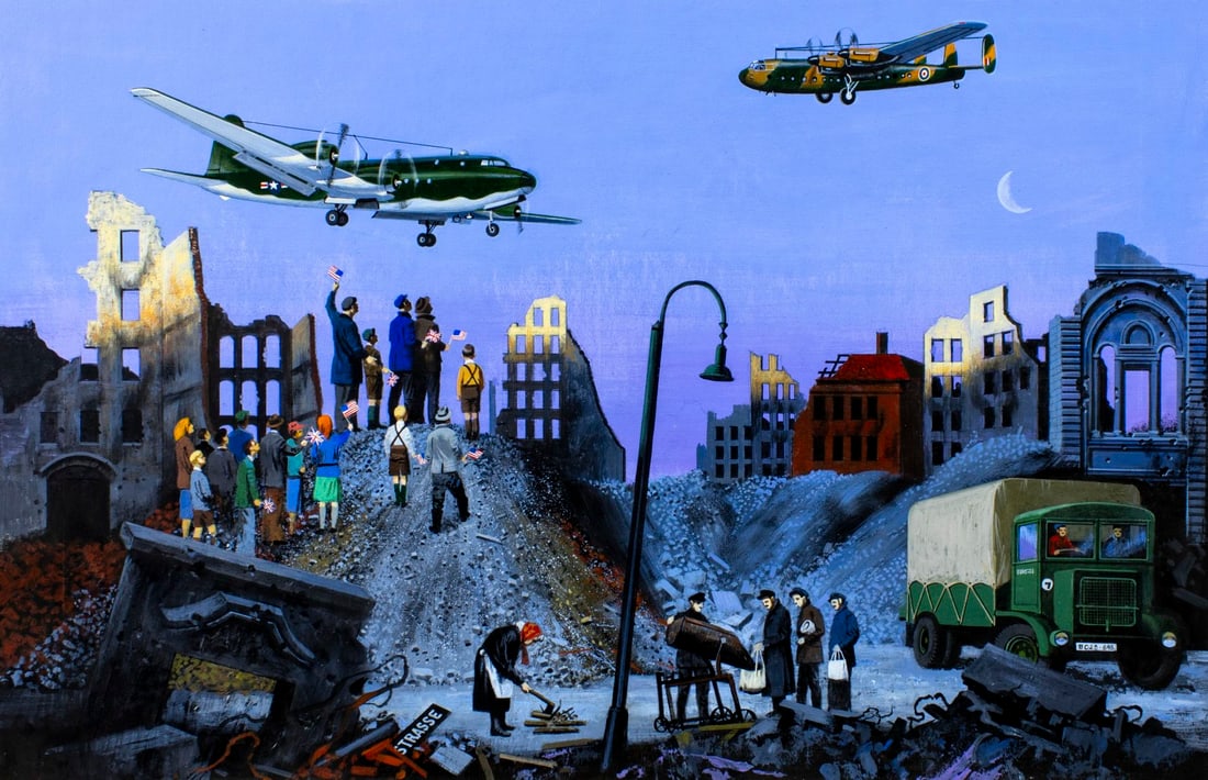 Dean Ellis (NY,1920-2009) mixed media painting: ARTIST: Dean Ellis (New York, 1920 - 2009) TITLE: To the Heroes of the Berlin Airlift (titled on verso) YEAR: 1998 MEDIUM: mixed media on board CONDITION: