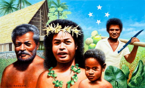 Howard Koslow (NJ,NY,1924-2016) acrylic painting: ARTIST: Howard Bertram Koslow (New Jersey, New York, 1924 - 2016) TITLE: Micronesia Constitution - People YEAR: 1994 MEDIUM: acrylic on board CONDITION: