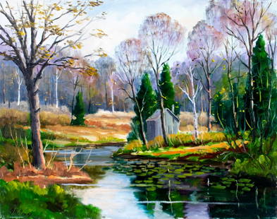 George Holloway (NJ,20C) oil painting: ARTIST: George Holloway (New Jersey, 20 century) TITLE: Autumn River Landscape MEDIUM: oil on canvas CONDITION: Few minor paint losses mostly along edges. No visible inpaint