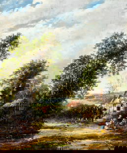 Antique 19C British oil painting: ARTIST: - (United Kingdom, 19 century) TITLE: Country Landscape MEDIUM: oil on canvas CONDITION: One small patch. Few small paint losses. Minor craquelure. No visible inpa