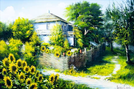 Sergey Potapov (Russia,b 1969) oil painting: ARTIST: Sergey Potapov (Russian, born 1969) TITLE: Country Scene YEAR: 2004 MEDIUM: oil on canvas CONDITION: Two small inpaintings/touch ups.