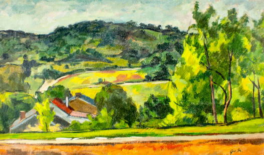 Giovanni Martino (PA,1908-1997) oil painting: ARTIST: Giovanni Martino (Pennsylvania, 1908 - 1997) TITLE: Landscape - Summer Greens (titled on verso) YEAR: 1932 MEDIUM: oil on board CONDITION: Smal
