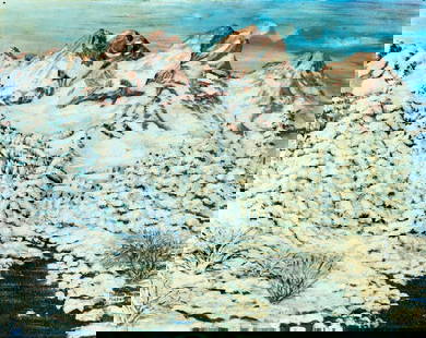 Walter Peczenik (US,mid 20C) oil painting: ARTIST: Walter Peczenik (American, mid 20 century) TITLE: Winter Mountain Landscape MEDIUM: oil on canvas board CONDITION: Few nail holes along edges. Some scratches/paint