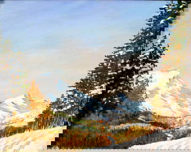 Bailey (US,20/21C) oil painting: ARTIST: Bailey (American, 20/21 centuries) TITLE: Winter Mountain Landscape MEDIUM: oil on canvas board CONDITION: Overall good. No visible inpaint under UV light. ART SIZE: 8 x 10 inches / 20 x 25