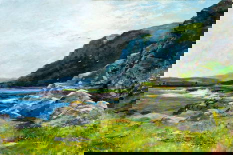 Hugh Allan (Scottish,1862-1909) oil painting antique: ARTIST: Hugh Allan (Scotland, 1862 - 1909) TITLE: Rocky Coast MEDIUM: oil on canvas CONDITION: Few patches. Few small paint losses along edges. Some craquelure. Some scatt