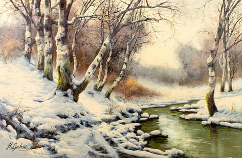 A Bela Gabris (Hungary,fl. 1940-1970) oil painting: ARTIST: A Bela Gabris (Hungarian, act. 1940 - 1970) TITLE: Winter River Landscape MEDIUM: oil on canvas CONDITION: Unstretched (In-House stretching available). Few very m