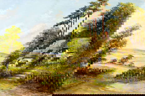 Robert Towers (UK,20C) oil painting: ARTIST: Robert Towers (United Kingdom, 20 century) TITLE: Devon Cottage MEDIUM: oil on canvas CONDITION: Some small scratches/paint losses. Some craquelure. Some scattered i
