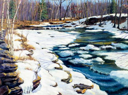 Leandro F Delgado (NY,mid 20C) oil painting: ARTIST: Leandro F Delgado (New York, mid 20 century) TITLE: Winter Forest Stream Landscape MEDIUM: oil on canvas CONDITION: Two small patches. Few small paint losses. Minor