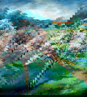 Antique early 20C American oil painting: ARTIST: - (American, early 20 century) TITLE: Countryside Landscape with Blooming Trees MEDIUM: oil on canvas CONDITION: Few minor scratches/paint losses mostly in the lower left quadrant. No