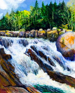 William J Adelman Jr (NY,MA,1928-2014) oil painting: ARTIST: William J Adelman Jr (New York, Massachussets, 1928 - 2014) TITLE: Waterfall Landscape MEDIUM: oil on canvas CONDITION: Missing a few flakes of paint by the left e