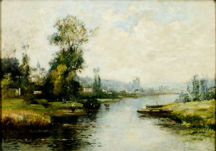 Maurice Levis (France,1860-1940) oil painting antique: ARTIST: Maurice Levis (French, 1860 - 1940) TITLE: River Landscape MEDIUM: oil on canvas CONDITION: One small patch-repaired tear. Few minor paint losses. Some scattered inpaintings. Some damages