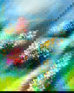 Yolanda Razzeto (Peru,1948-?) oil painting: ARTIST: Yolanda Razzeto (Peruvian, 1948 - ???) TITLE: Flower Garden Landscape MEDIUM: oil on canvas CONDITION: Unstretched (In-House stretching available). Missing a few flakes of paint. Some