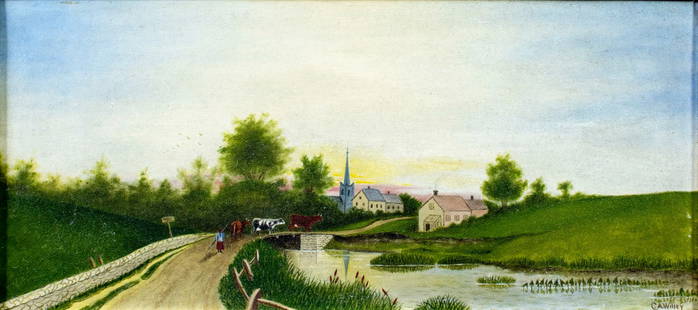 C A Willey (US,early 20C) oil painting antique: ARTIST: C A Willey (American, early 20 century) TITLE: Country Landscape with Cows MEDIUM: oil on board CONDITION: Few small paint losses. Some craquelure. No visible inpain