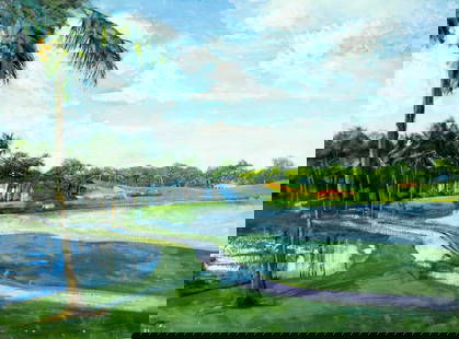 Vintage 20C Florida oil painting: ARTIST: - (Florida, 20 century) TITLE: Florida Landscape MEDIUM: oil on canvas CONDITION: Some small scratches/paint losses mostly along the lower edge. No visible inpaint