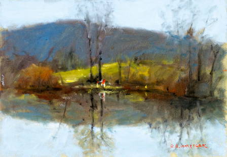 Robert Waltsak (NJ,b 1944) oil painting: ARTIST: Robert Alan Waltsak (New Jersey, born 1944) TITLE: Autumn Lake Landscape MEDIUM: oil on canvas CONDITION: Very good. No visible inpaint under UV light. Normal wear along edges. ART SIZE: 14 x
