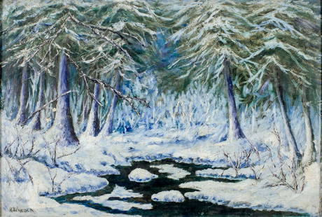 Hitchcock (US,mid 20C) oil painting: ARTIST: Hitchcock (American, mid 20 century) TITLE: Winter Forest Landscape MEDIUM: oil on canvas CONDITION: Few patches. Some paint losses. Some craquelure. Some scattered inpaintings. Wear to