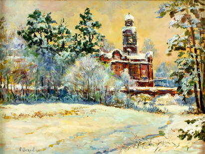 Andrei Shagarov (Russia,20/21C) oil painting: ARTIST: Andrei Shagarov (Russian, 20/21 centuries) TITLE: Winter Landscape with Church YEAR: 1994 MEDIUM: oil on board CONDITION: Few minor paint losses
