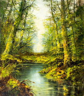 B Reiser (German,20C) oil painting: ARTIST: B Reiser (Germany, 20 century) TITLE: Forest Stream Landscape MEDIUM: oil on canvas CONDITION: Unstretched (In-House stretching available). Missing a few flakes of paint. Some craquelure. No