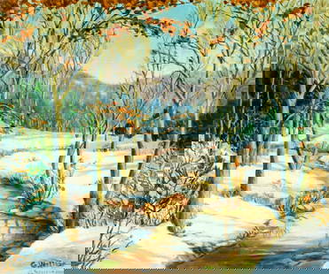 G Williams (US,mid 20C) oil painting: ARTIST: G Williams (American, mid 20 century) TITLE: Winter Stream Landscape MEDIUM: oil on canvas board CONDITION: Few minor paint losses mostly by the lower edge. No visib