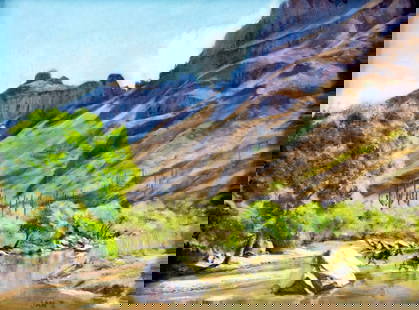 Jan Zamble (US,20C) oil painting: ARTIST: Jan Zamble (American, 20 century) TITLE: What a Beautiful Day (titled on verso) MEDIUM: oil on board CONDITION: Very good. No visible inpaint under UV light. Wear to frame. ART SIZE: 9 x 12