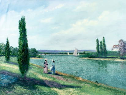 J Marion (Europe,20C) oil painting: ARTIST: J Marion (European, 20 century) TITLE: River Landscape with Ladies MEDIUM: oil on canvas CONDITION: Unstretched (In-House stretching available). Few minor paint losses. No visible inpaint