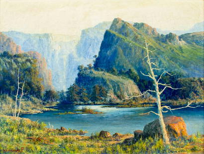 F Ximenez (Spain,early 20C) oil painting antique: ARTIST: F Ximenez (Spanish, early 20 century) TITLE: Mountain River Landscape MEDIUM: oil on canvas CONDITION: Missing a few flakes of paint. Some craquelure (see pictures c