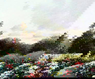 Charles Andrews (UK,20C) oil painting: ARTIST: Charles Andrews (United Kingdom, 20 century) TITLE: Flower Garden Landsape with Woman MEDIUM: oil on canvas CONDITION: Unstretched (In-House stretching available). Some craquelure. No visible