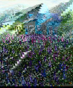 Joanna Lyly Wang (US,China,20C) oil painting: ARTIST: Joanna Lyly Wang (American, Chinese, 20 century) TITLE: Flower Garden Landscape with House MEDIUM: oil on canvas CONDITION: Unstretched (In-House stretching available). Very good. No visible