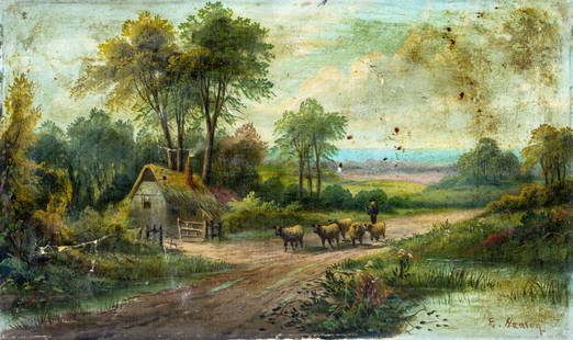 E Heaton (UK,early 20C) oil painting antique: ARTIST: E Heaton (United Kingdom, early 20 century) TITLE: Countryside Landscape with Flock of Sheep MEDIUM: oil on canvas CONDITION: Few patches. Some brown spots. Some scratches/paint losses. Some
