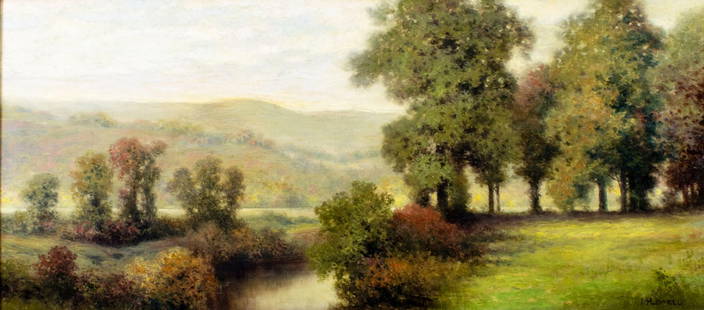 Milton H Lowell (NY,1848-1927) oil painting antique: ARTIST: Milton H Lowell (New York, 1848 - 1927) TITLE: Hilly Landscape MEDIUM: oil on canvas CONDITION: Relined. Few minor paint losses. Minor craquelure. Some scattered inpaintings. Some damages
